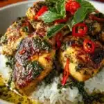 Spiced coconut basil chicken served with fresh herbs and aromatic spices