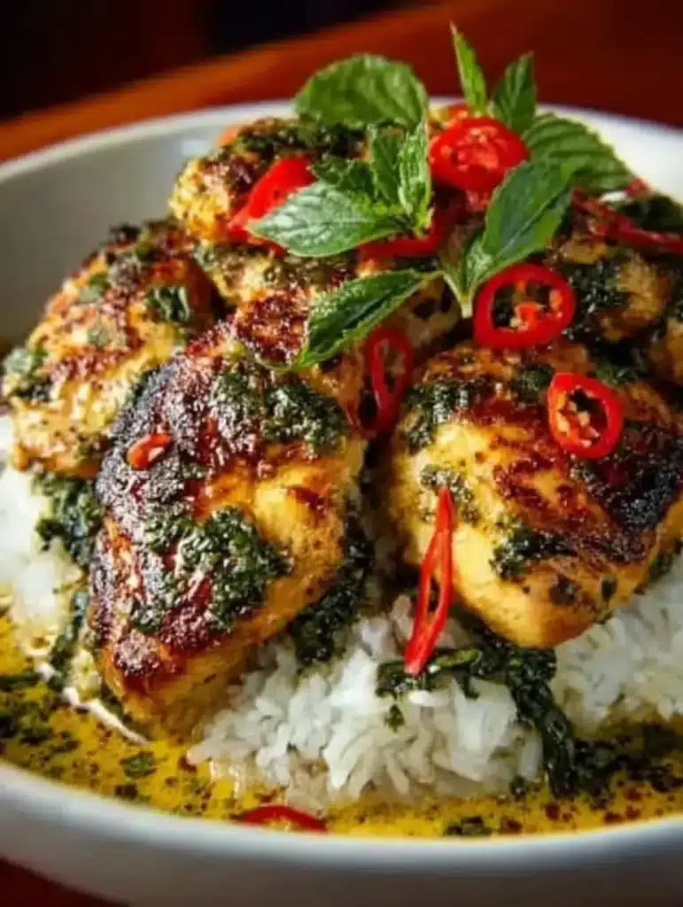 Spiced coconut basil chicken served with fresh herbs and aromatic spices