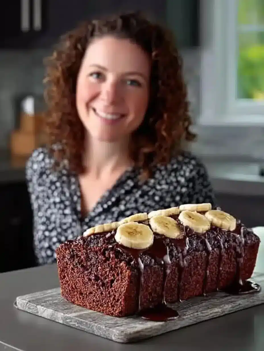 Slice of moist triple chocolate banana bread on a plate