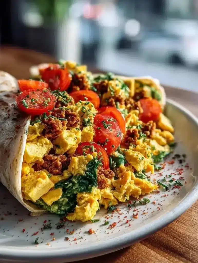 Vegan tofu scramble served with vegetables on a plate.