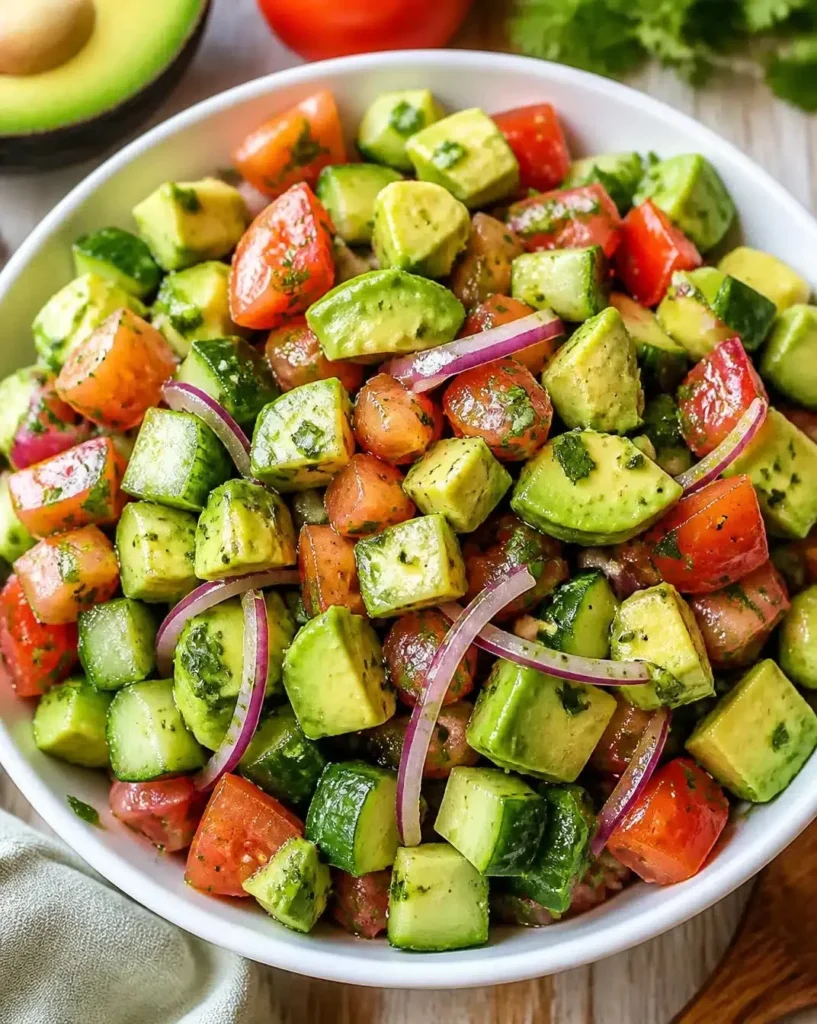 Delicious and colorful avocado salad made with fresh vegetables and dressing