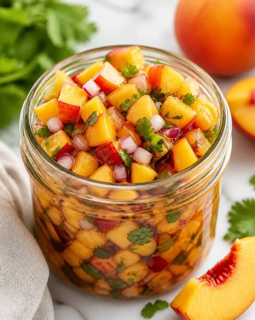 Bright peach salsa made with fresh peaches, cilantro, and lime juice