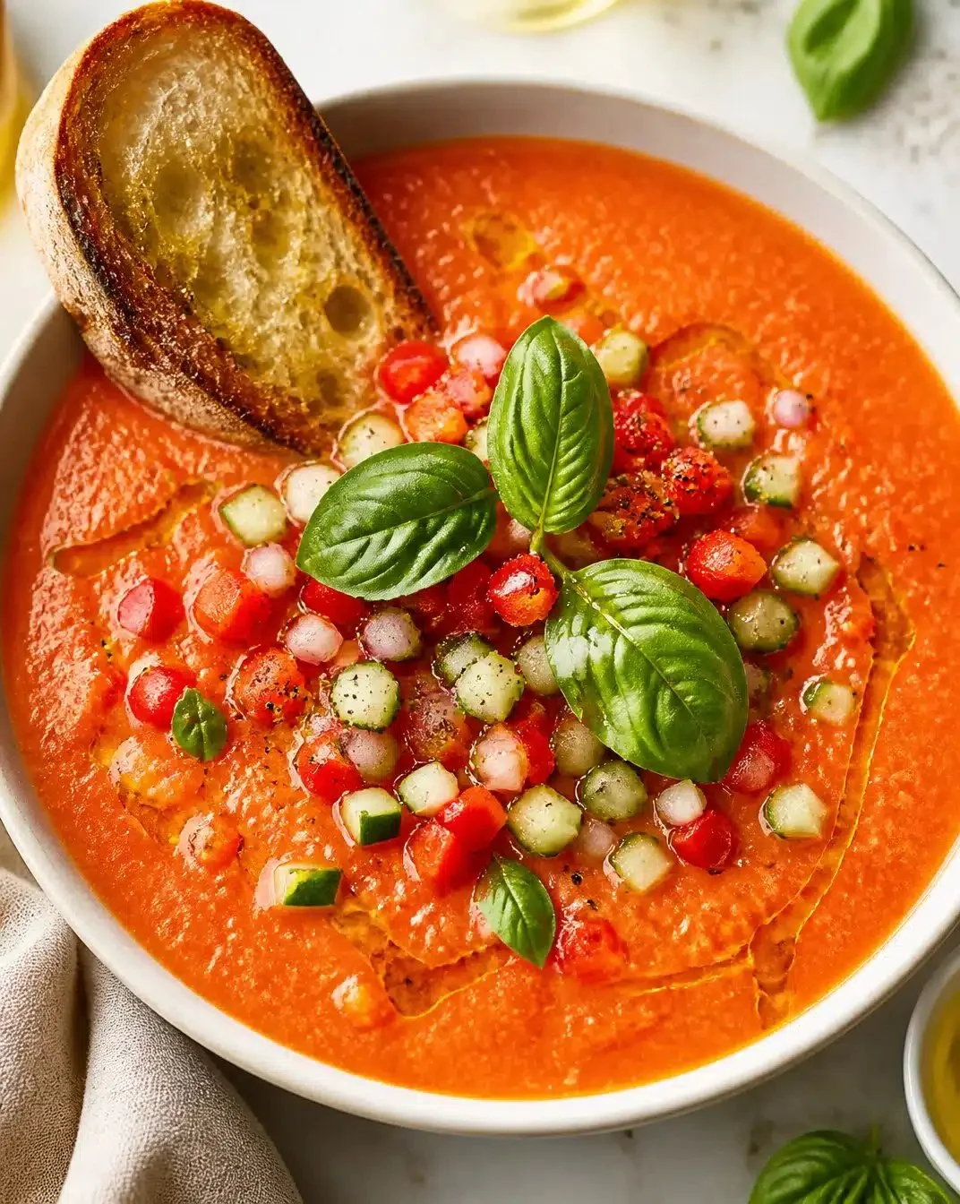 Bowl of cold gazpacho soup garnished with fresh herbs and vegetables