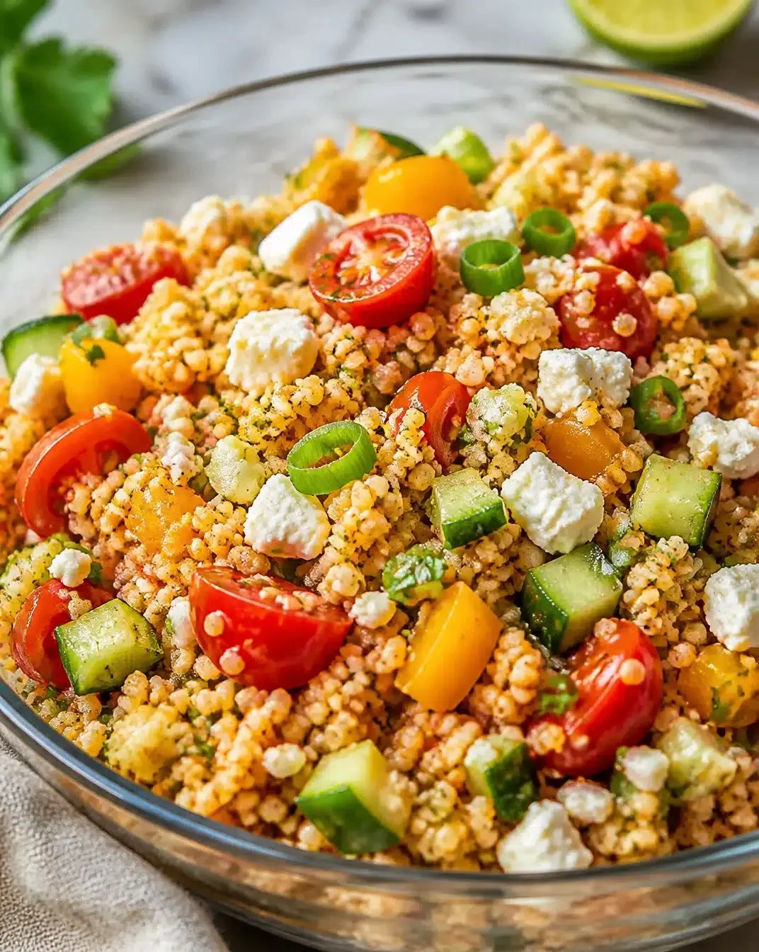 Couscous salad with feta and fresh vegetables in a colorful bowl.