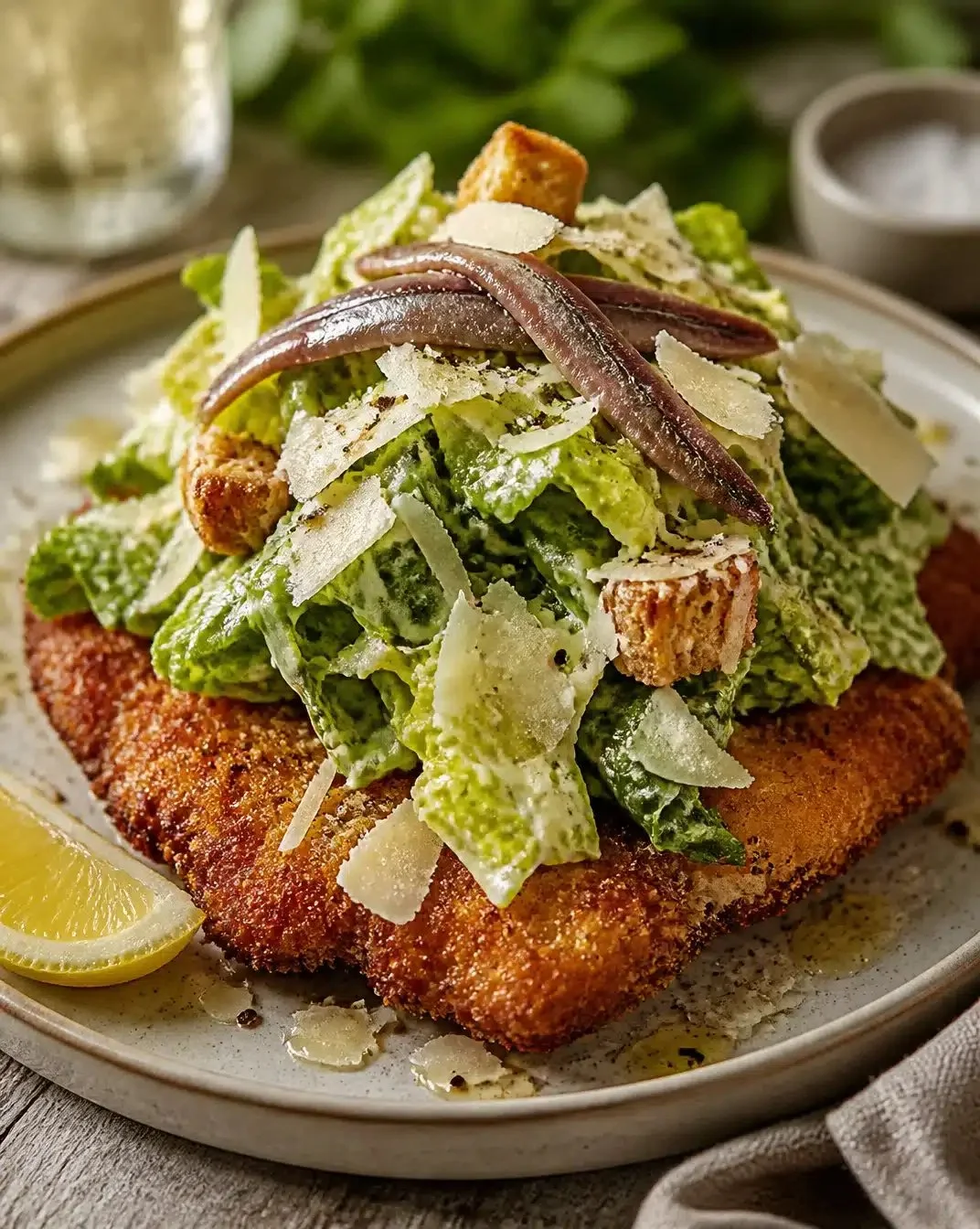 Crispy chicken cutlets topped with colorful viral Caesar salad on a plate