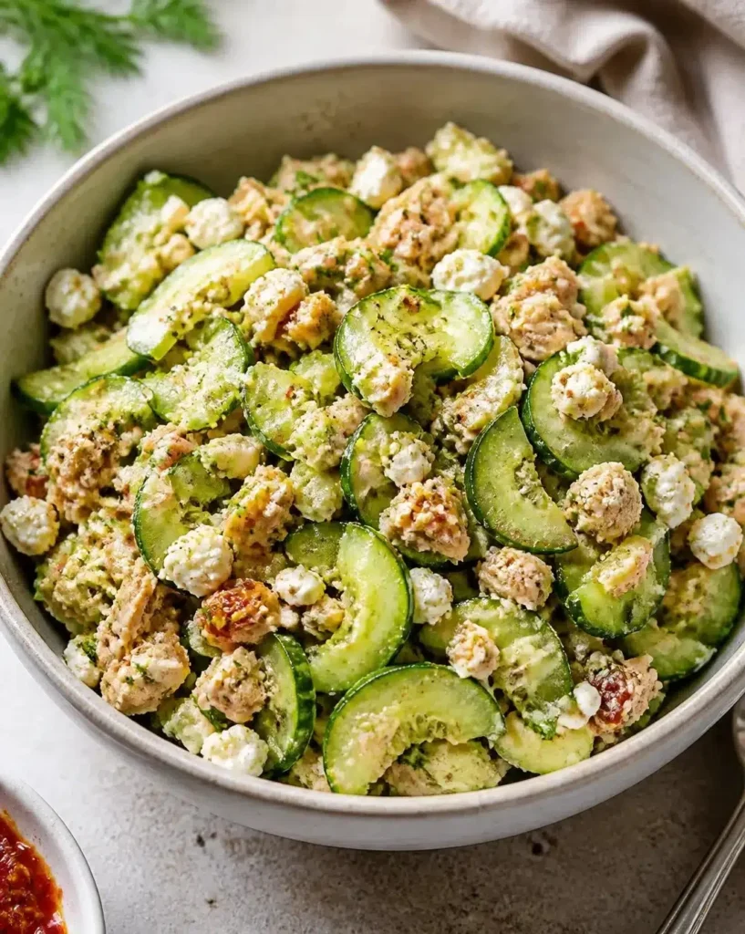 Fresh cucumber salad served in a bowl with herbs and dressing