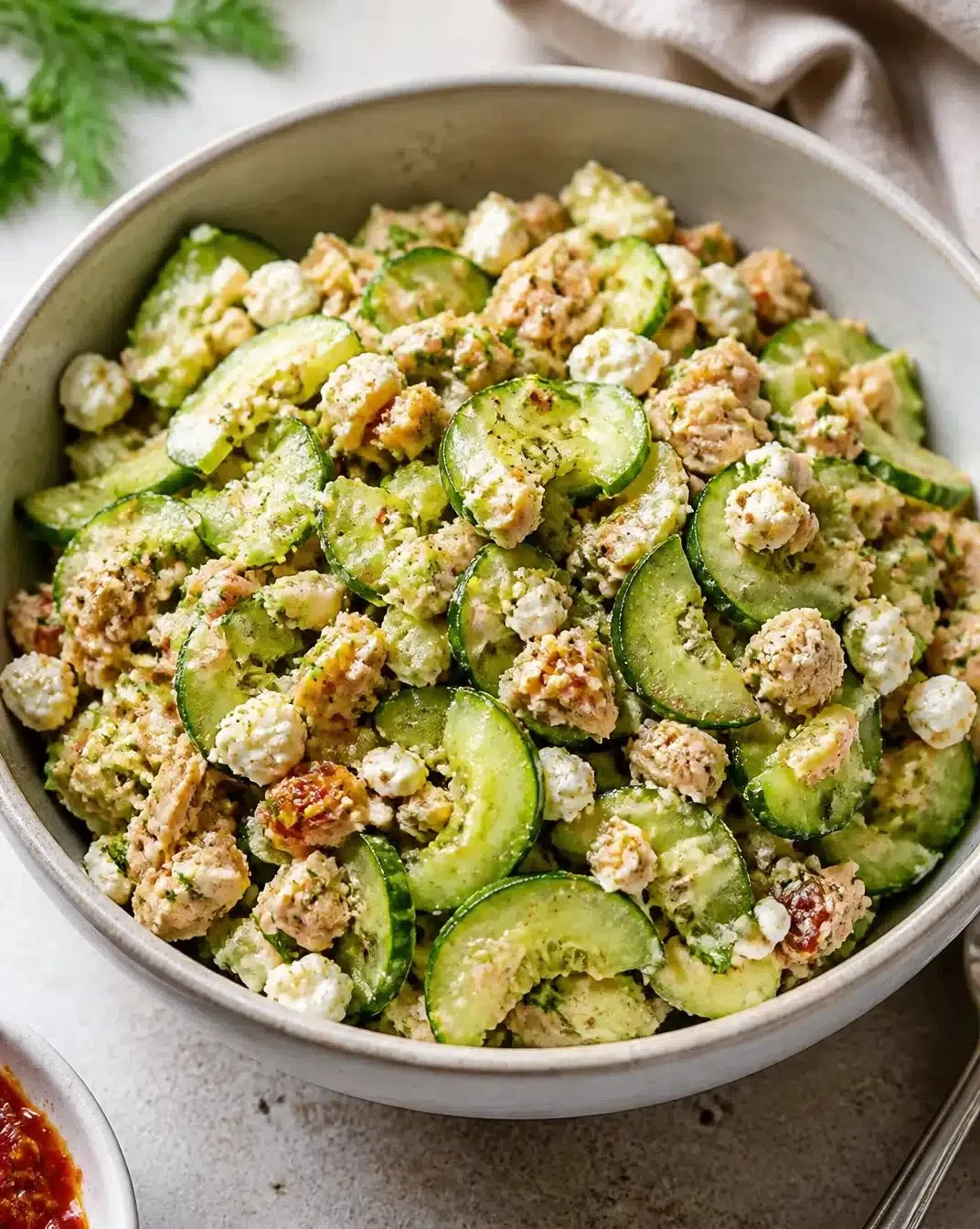 Fresh cucumber salad served in a bowl with herbs and dressing