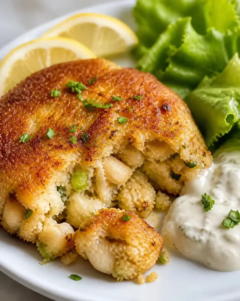 Delicious homemade easy crab cakes on a plate garnished with herbs