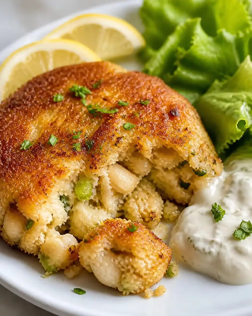 Delicious homemade easy crab cakes on a plate garnished with herbs