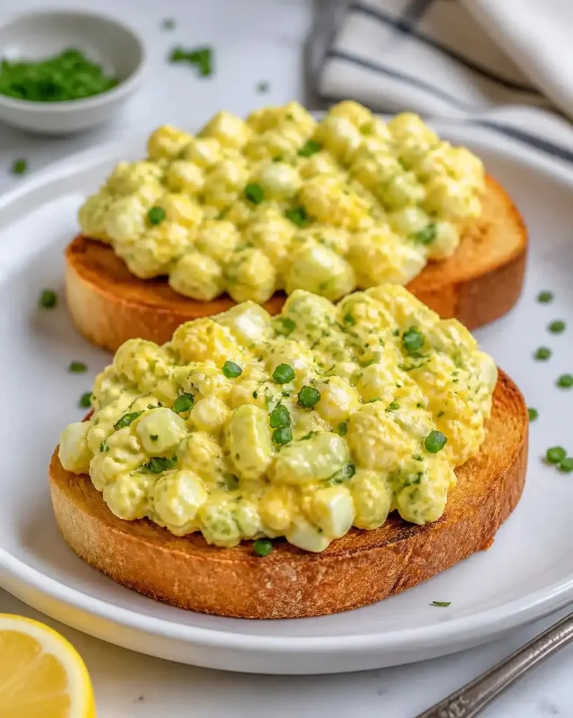 Bowl of easy egg salad with chopped herbs and mayo on a wooden table