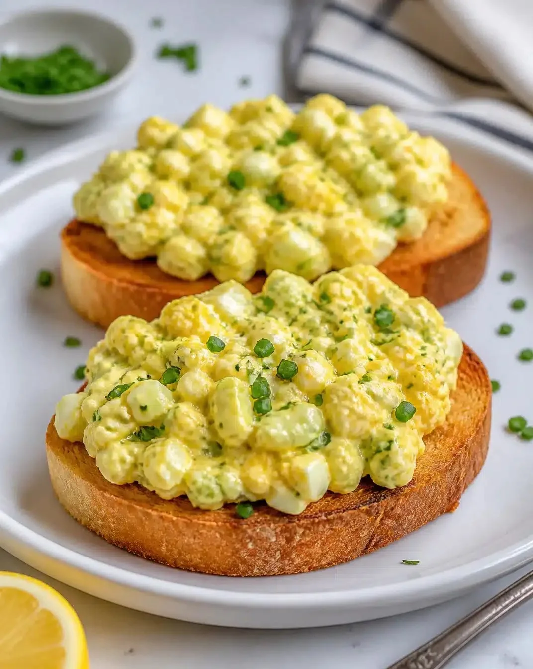 Bowl of easy egg salad with chopped herbs and mayo on a wooden table