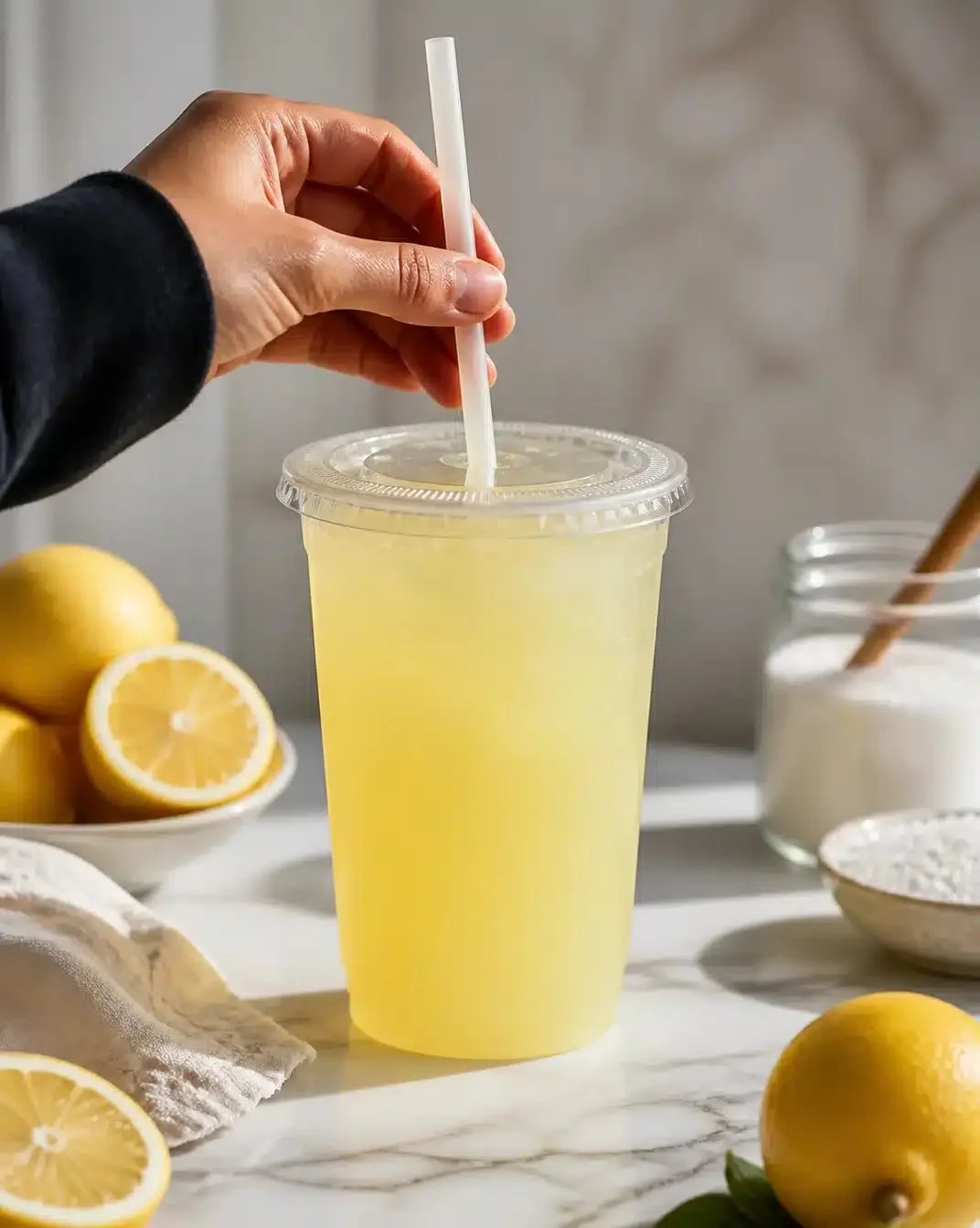 Elegantly styled lemonade served in a beautiful glass with fresh lemons