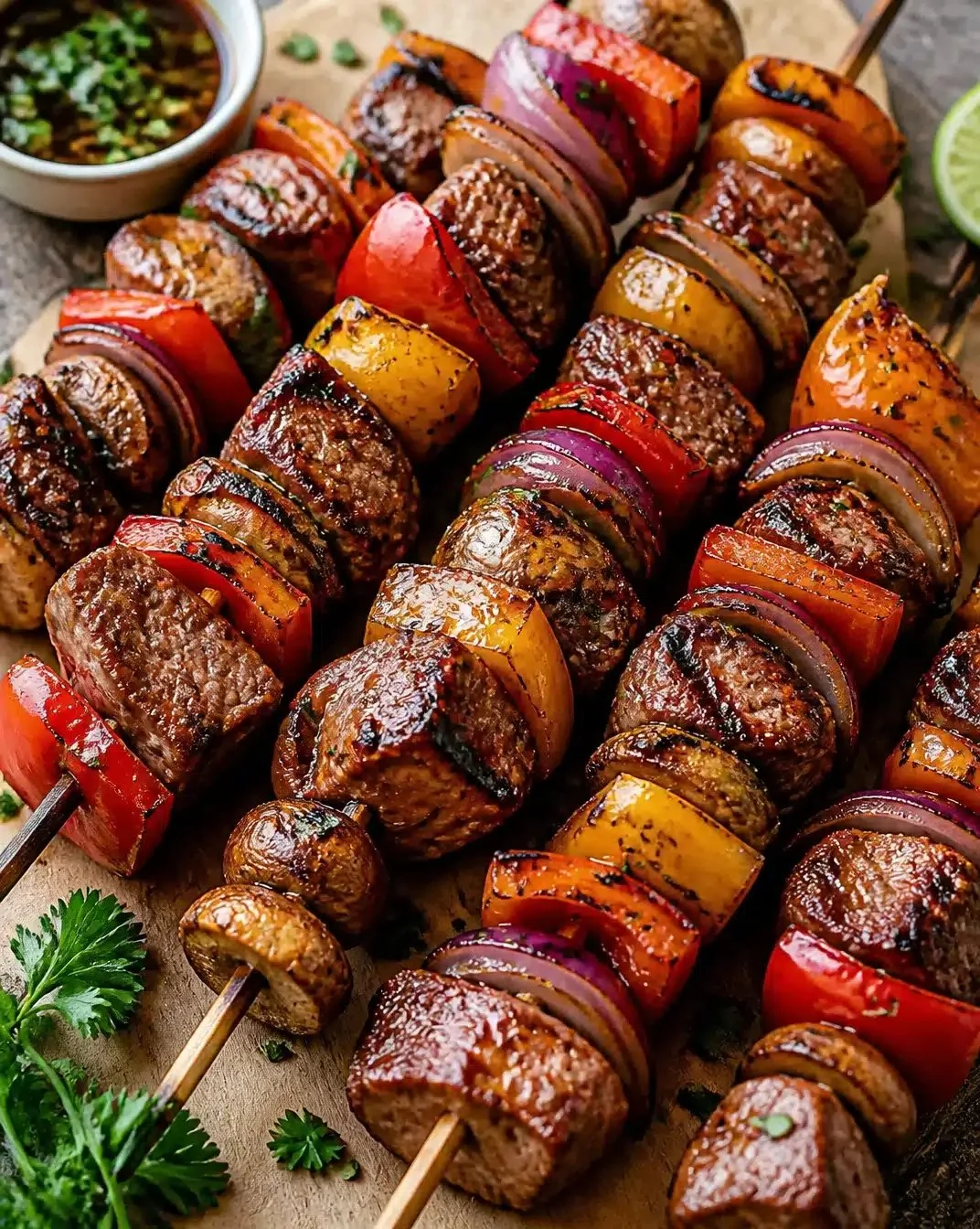 Delicious steak kabobs barbecued with colorful vegetables and spices.