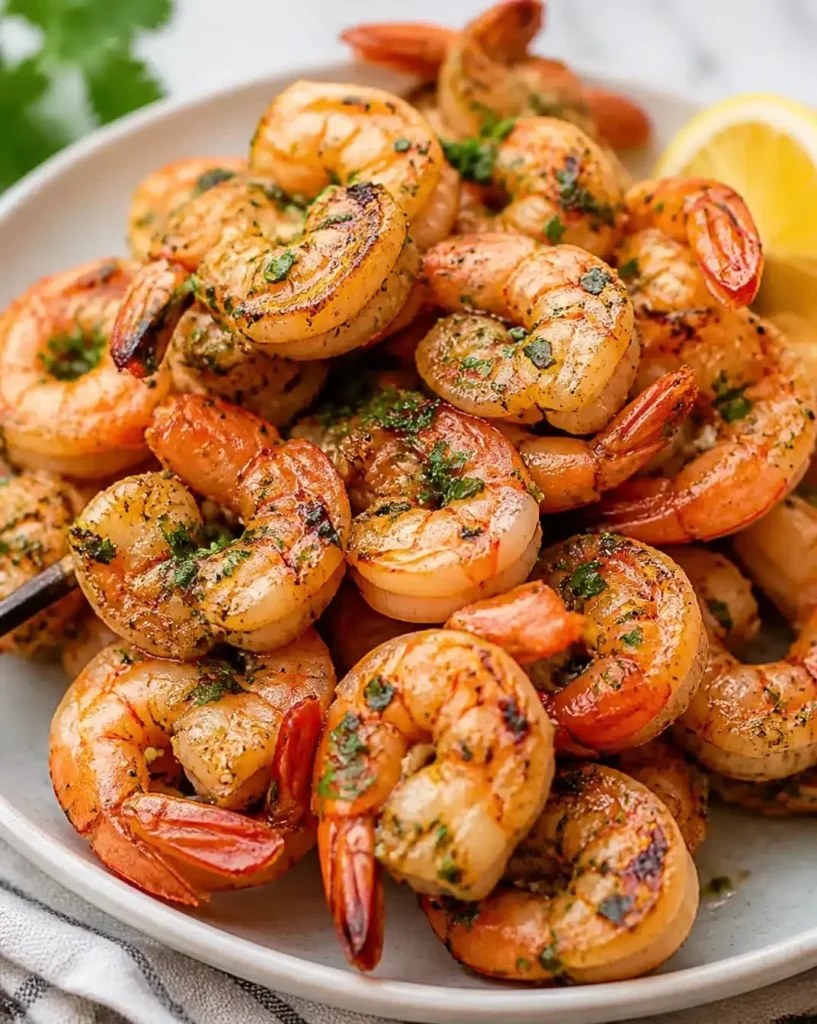 Delicious garlic-infused grilled shrimp on a plate garnished with herbs.