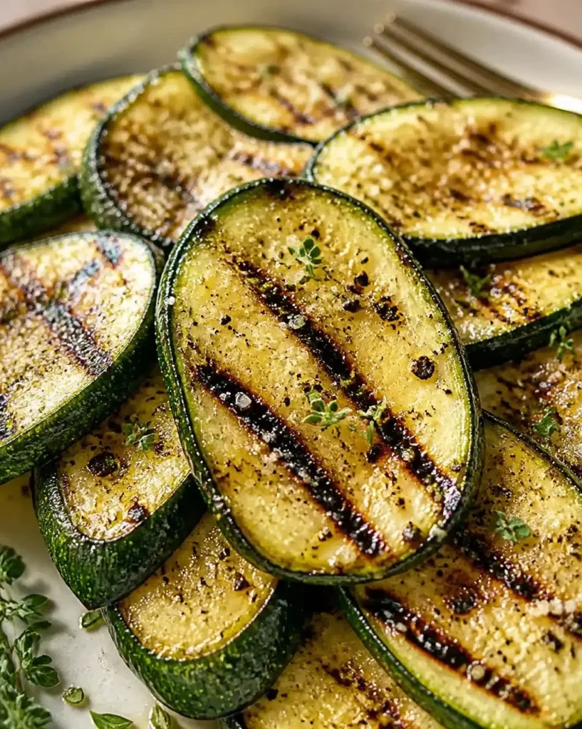 Grilled zucchini slices served on a plate with herbs and spices