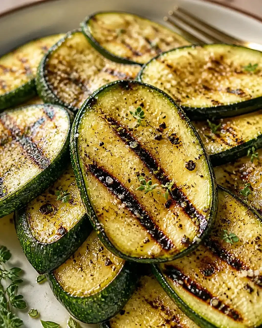 Grilled zucchini slices served on a plate with herbs and spices