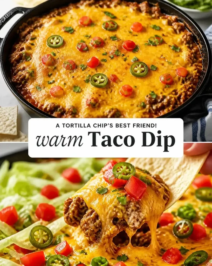 Creamy and cheesy hot taco dip served in a bowl with tortilla chips.