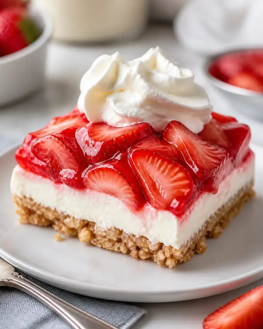 No-bake strawberry pretzel dessert with creamy filling and strawberry topping