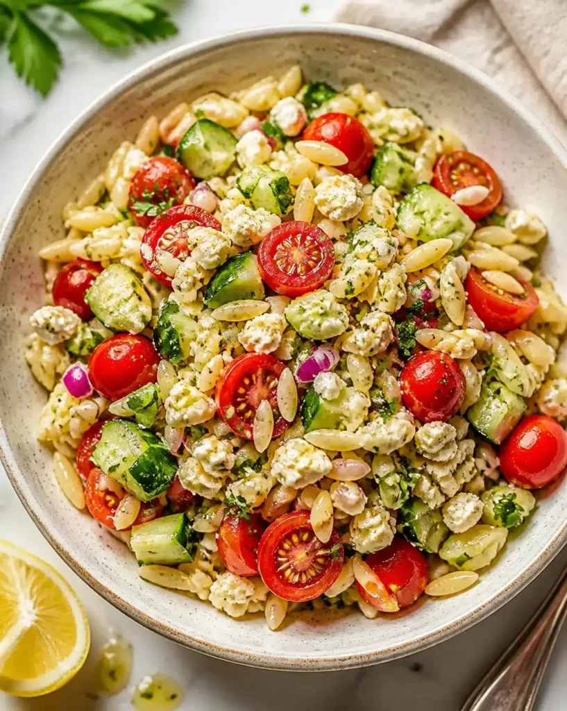 Fresh orzo salad with vegetables and herbs in a bowl