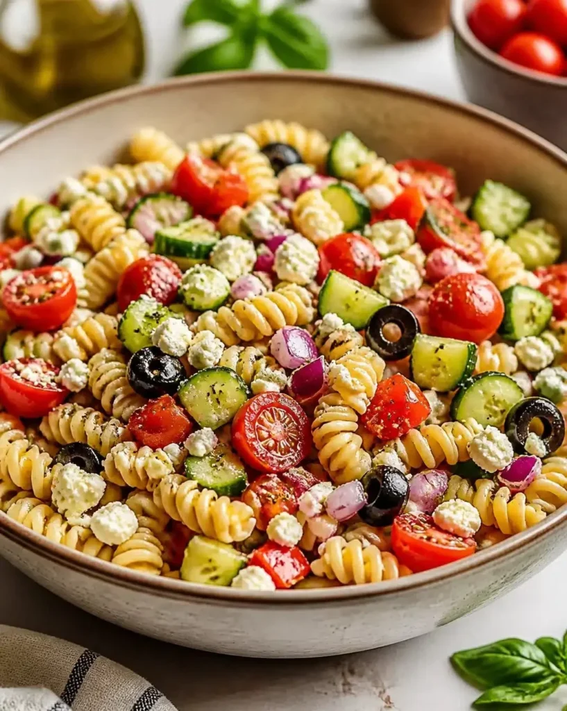 Colorful pasta salad with fresh vegetables and dressing served in a bowl
