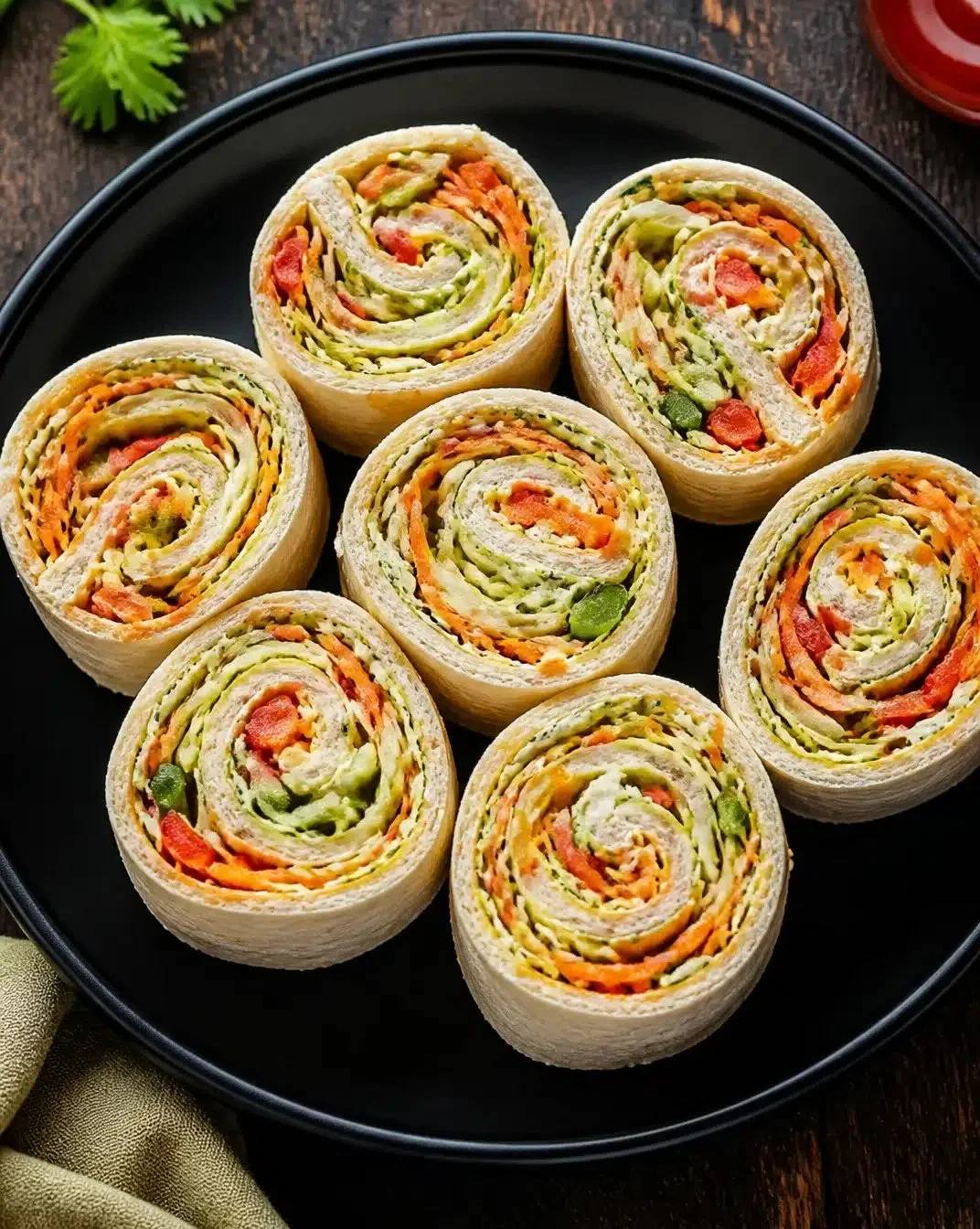 Colorful pinwheel sandwiches layered with various fillings on a platter.