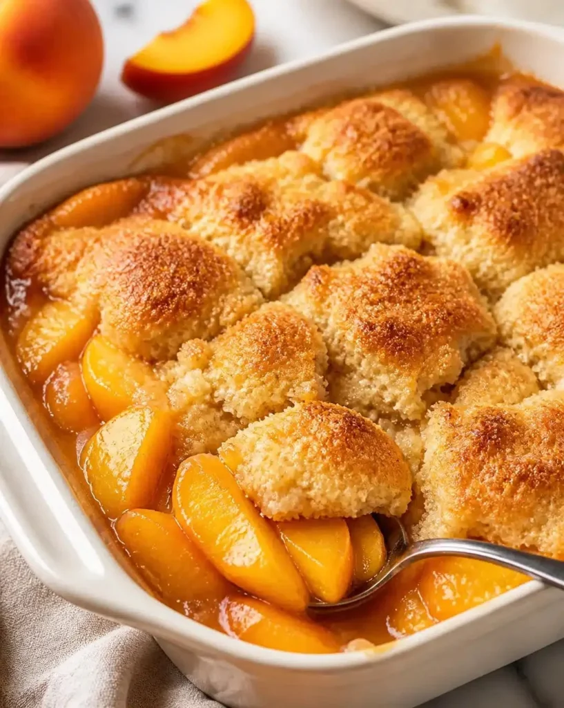 Quick and easy peach cobbler dessert topped with golden crust and juicy peaches.