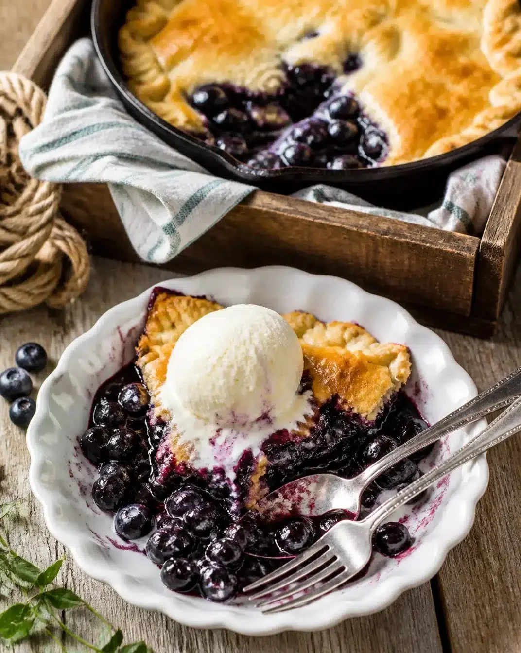 Delicious skillet-baked blueberry pie with a golden crust and fresh blueberries