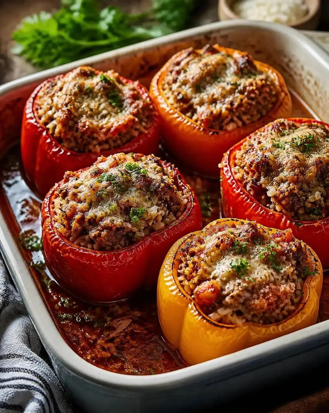 Colorful stuffed peppers filled with rice, vegetables, and herbs on a plate