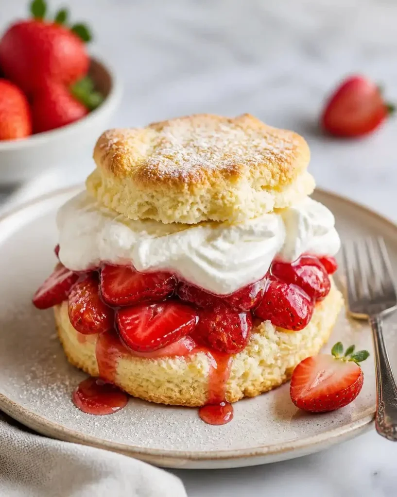Delicious strawberry shortcake topped with fresh strawberries and whipped cream
