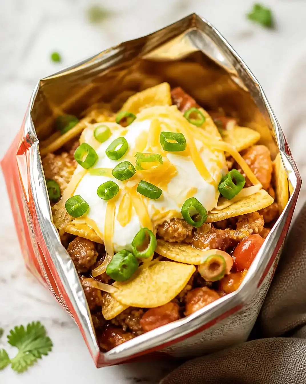 Walking Tacos served in a chip bag with toppings for a fun and portable meal.