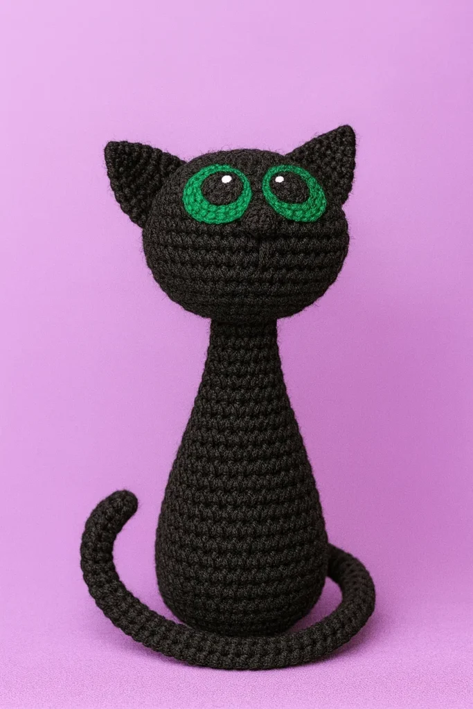 Finished black cat amigurumi with crocheted green eyes
