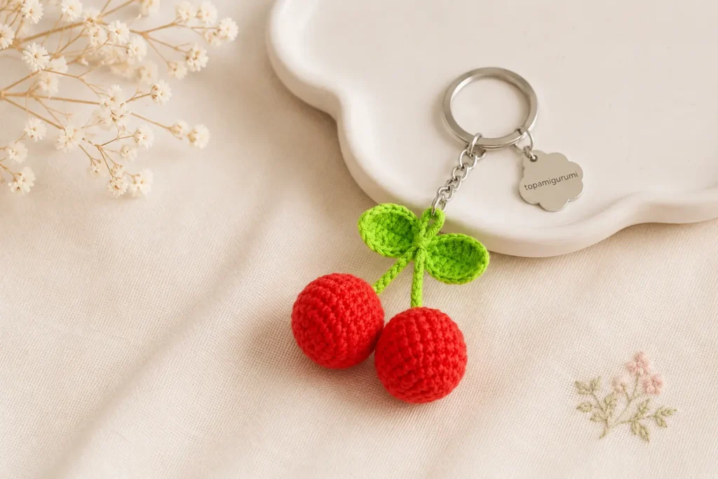 cherry keychain crochet pattern 5 easy steps featured
