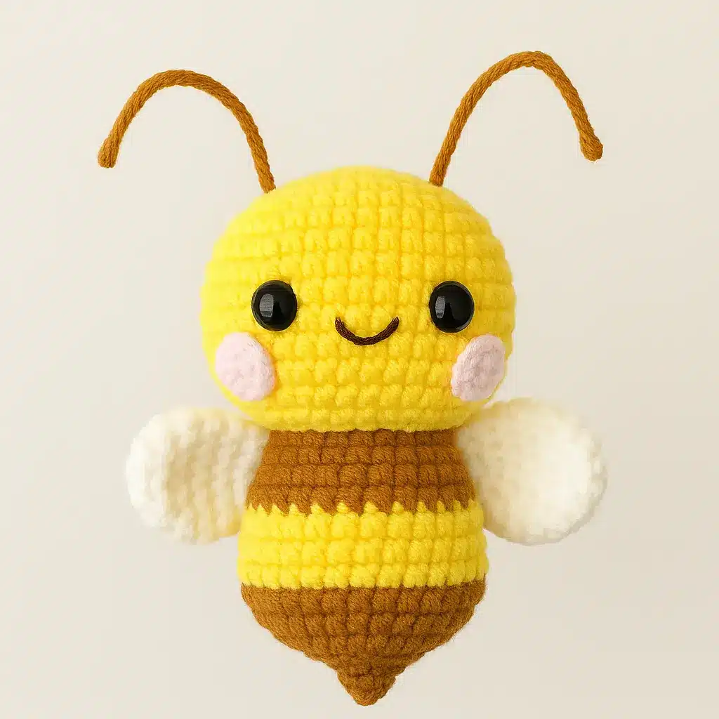 Amigurumi crochet bee with yellow and brown stripes, pink cheeks, safety eyes, and wings.