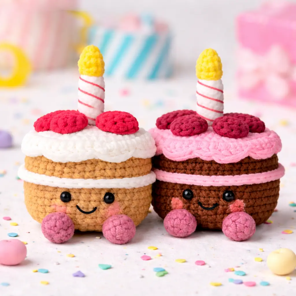 Crochet birthday cake color variations in Jellycat-inspired style featuring pastel, chocolate, and strawberry themes