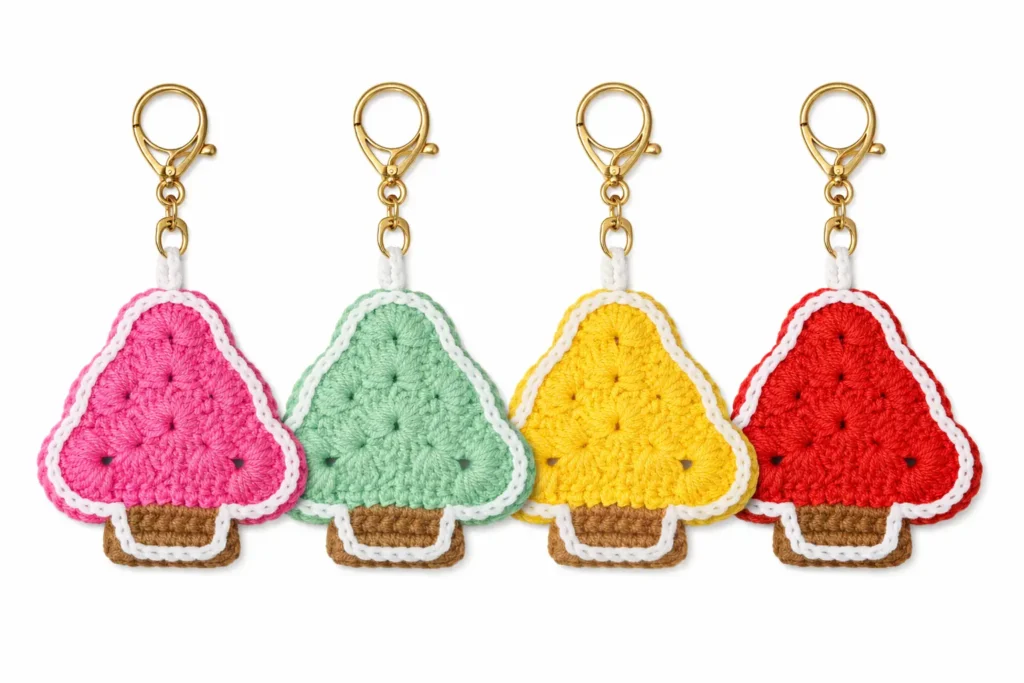 Crochet Christmas tree applique pattern color variations — pink, mint, yellow, and red tree keychain ornaments