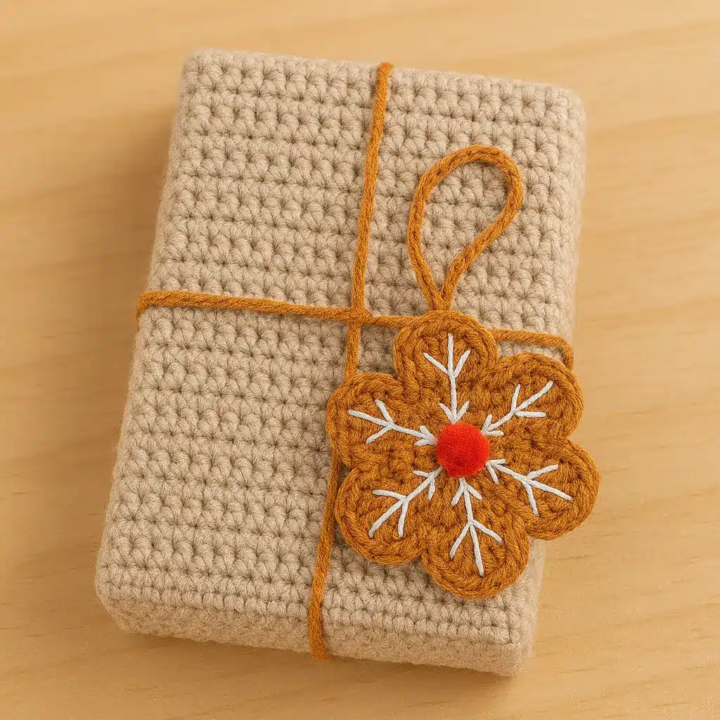 crochet gingerbread snowflake applique pattern used as a handmade gift tag on a wrapped present