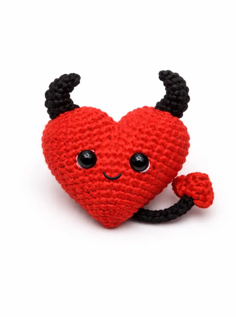 Crochet heart pattern free devil Valentine heart plush with horns and tail