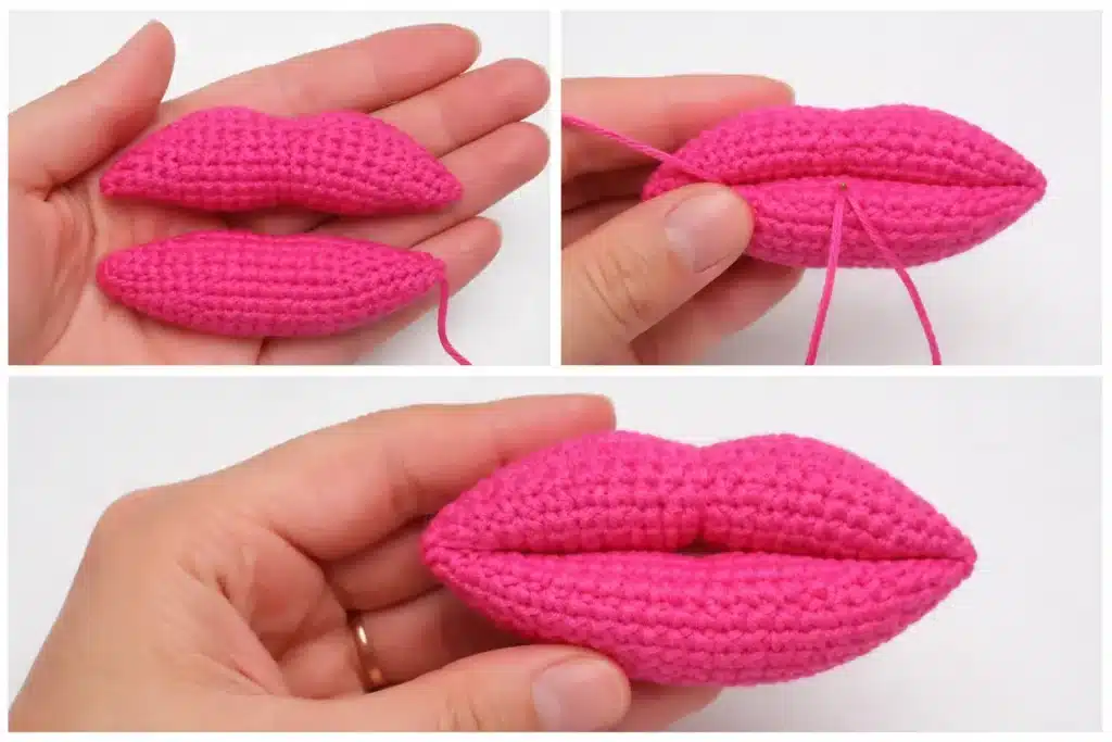 Step-by-step collage showing two crocheted lip pieces, sewing the mouth line, and the finished puffy prop – crochet lips pattern for valentine.
