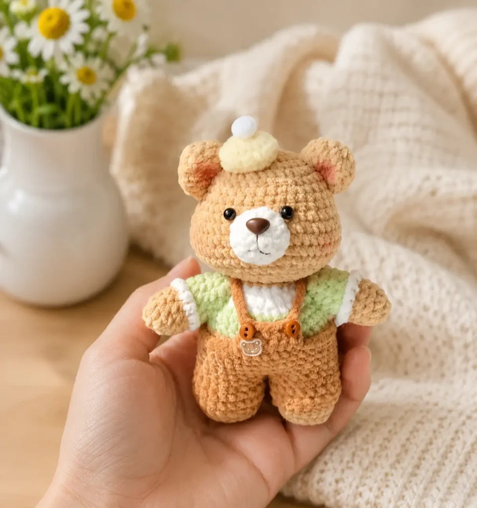 Cute Baby Bear Crochet Pattern front view with orange overalls and tiny yellow hat
