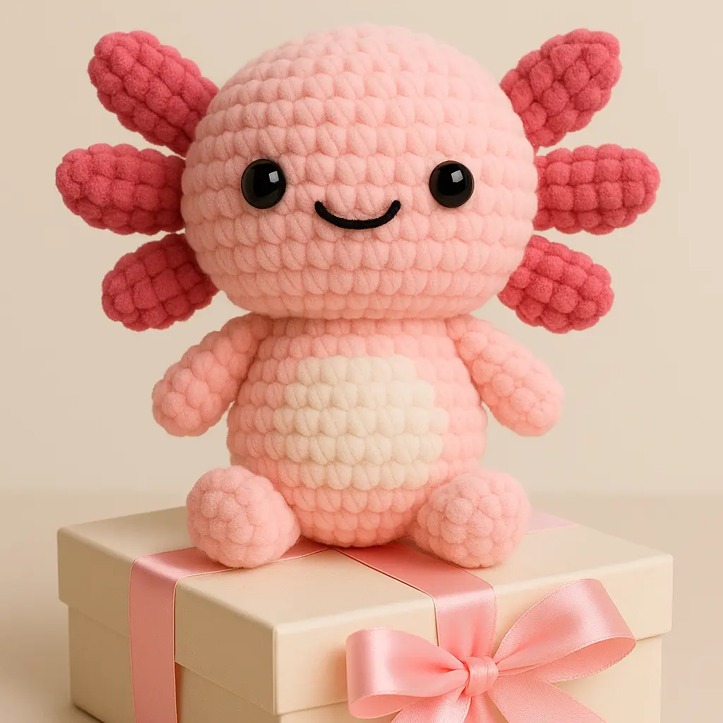 Free Axolotl Crochet Pattern gift version with plush toy on present box