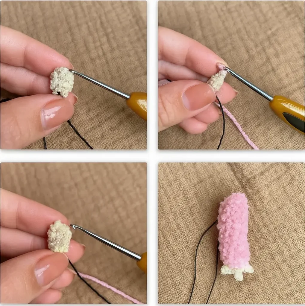 Crochet arms using beige and pink yarn for Labubu