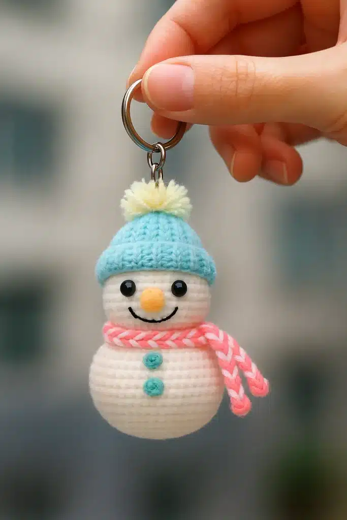 Small crochet snowman keychain with blue hat and pink striped scarf held in a hand