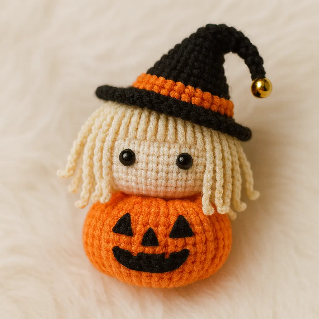 Finished pumpkin witch amigurumi with crochet hat