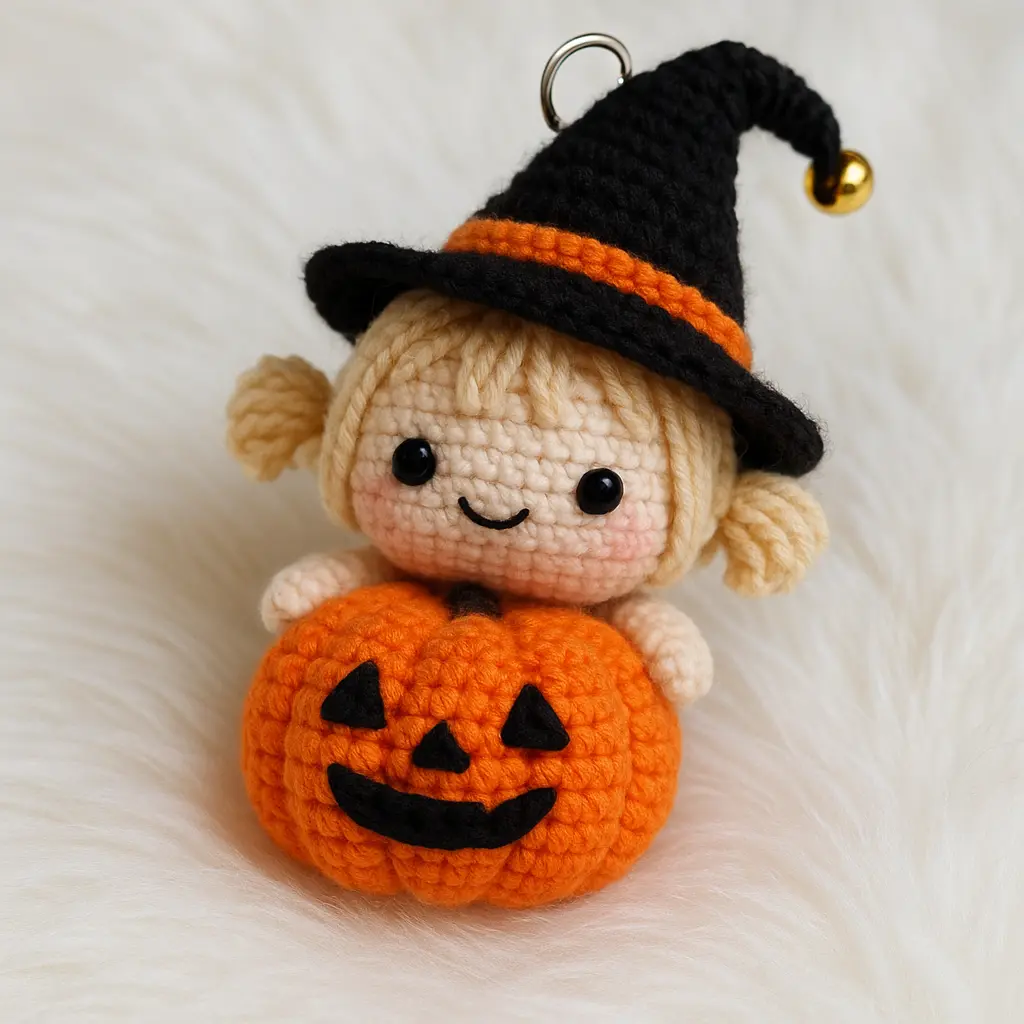 Mini pumpkin witch crochet keychain