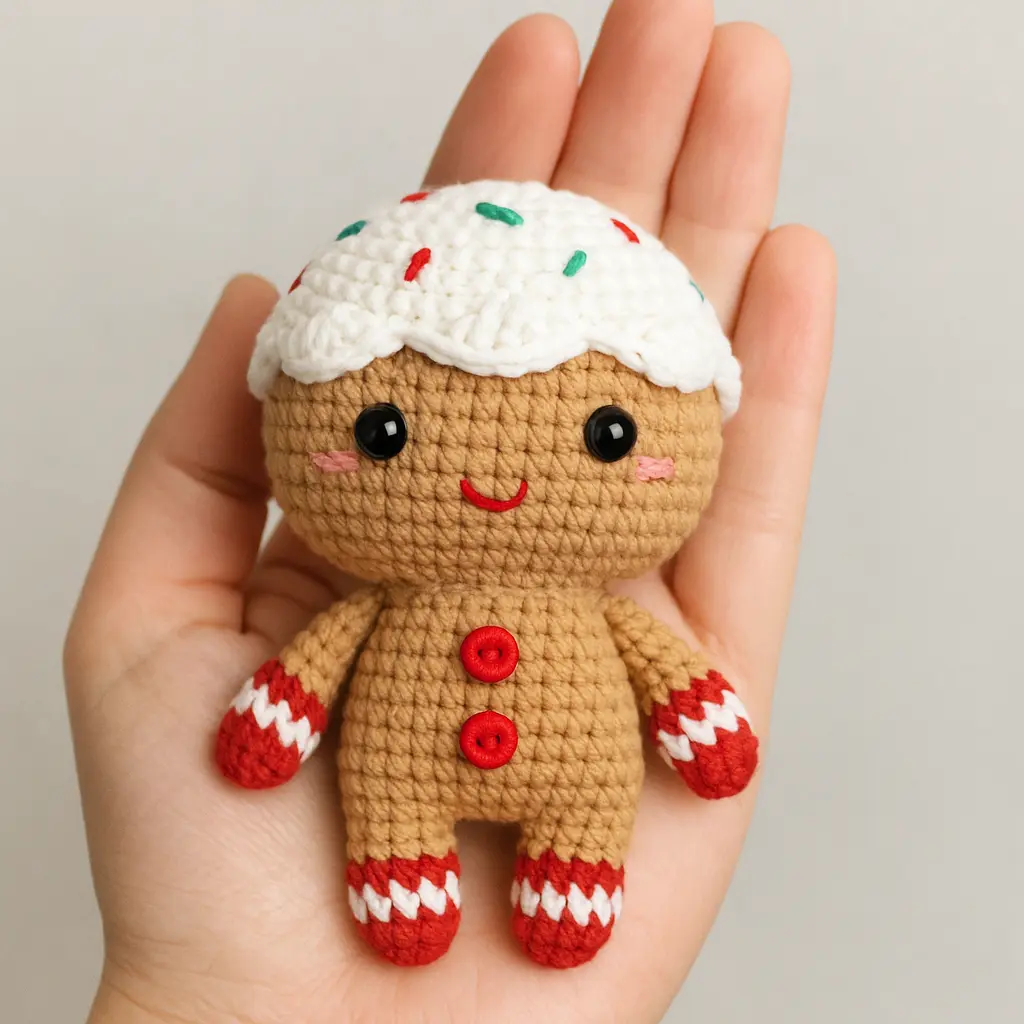 Free crochet gingerbread man pattern Gingerbread Cutie amigurumi in hand