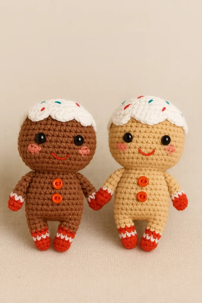 Two Gingerbread Cutie amigurumi in light and dark brown from the free crochet gingerbread man pattern