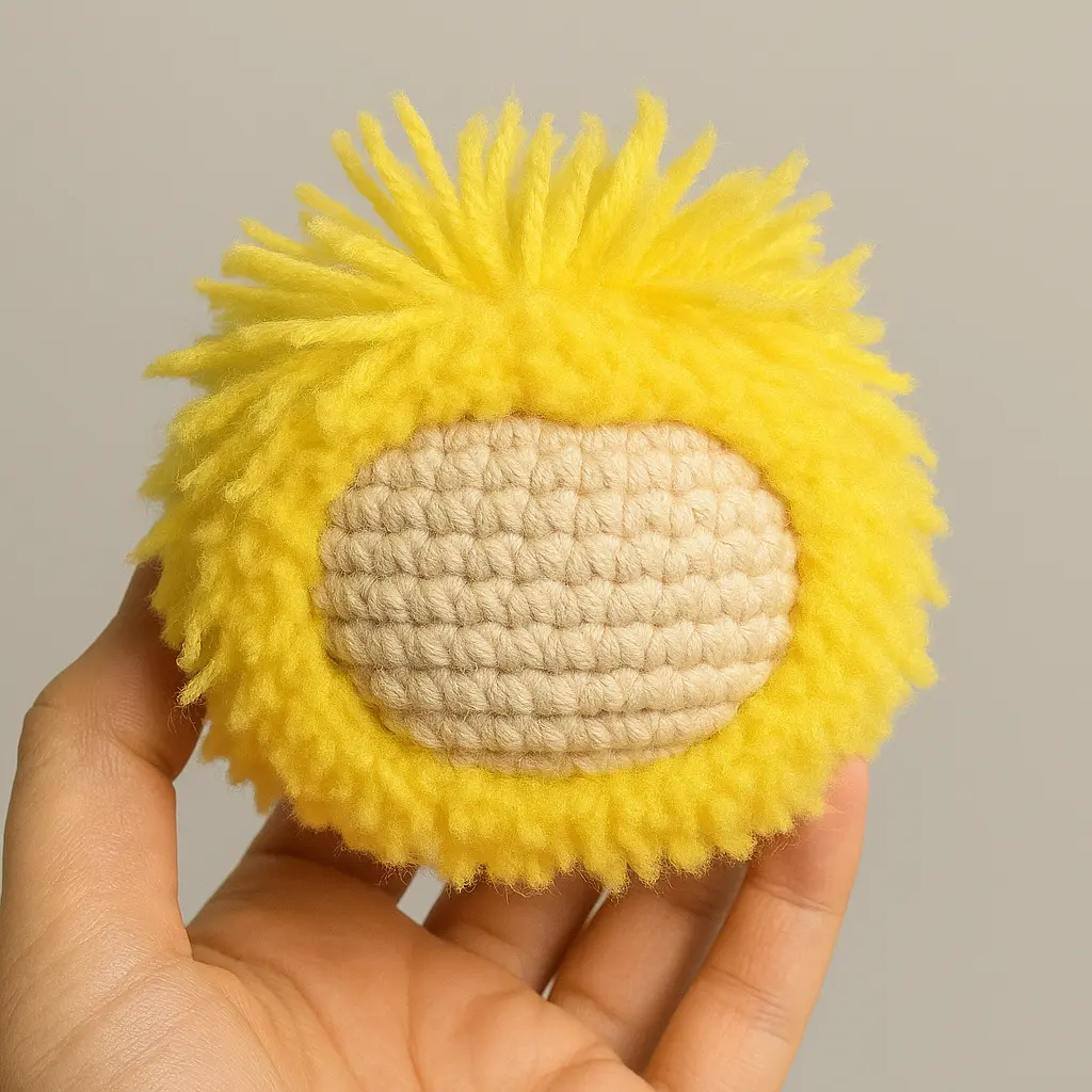 Attaching yellow fluffy fur to Labubu head