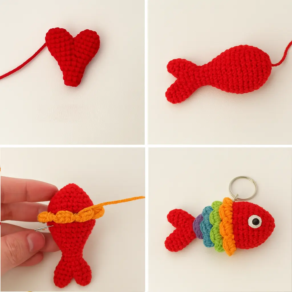 Step-by-step collage showing tail hearts, body shaping, attaching shell scales, and the finished Lucky Rainbow Koi Fish keychain