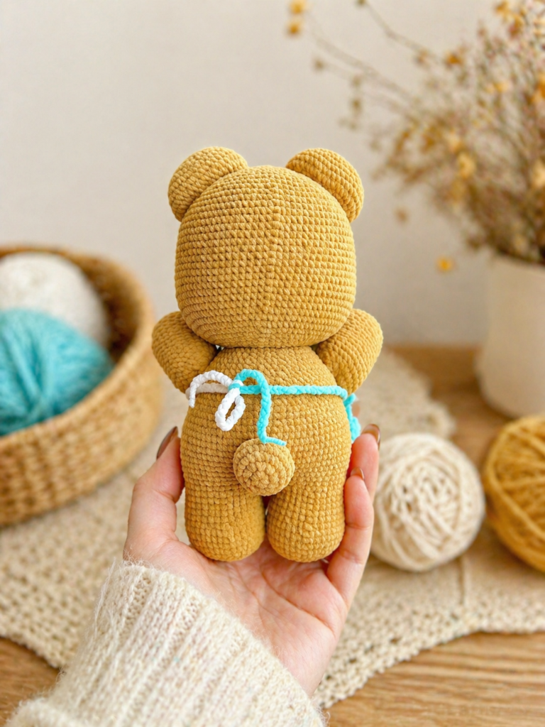 Mini butter bear crochet pattern back view with tied apron straps and small tail
