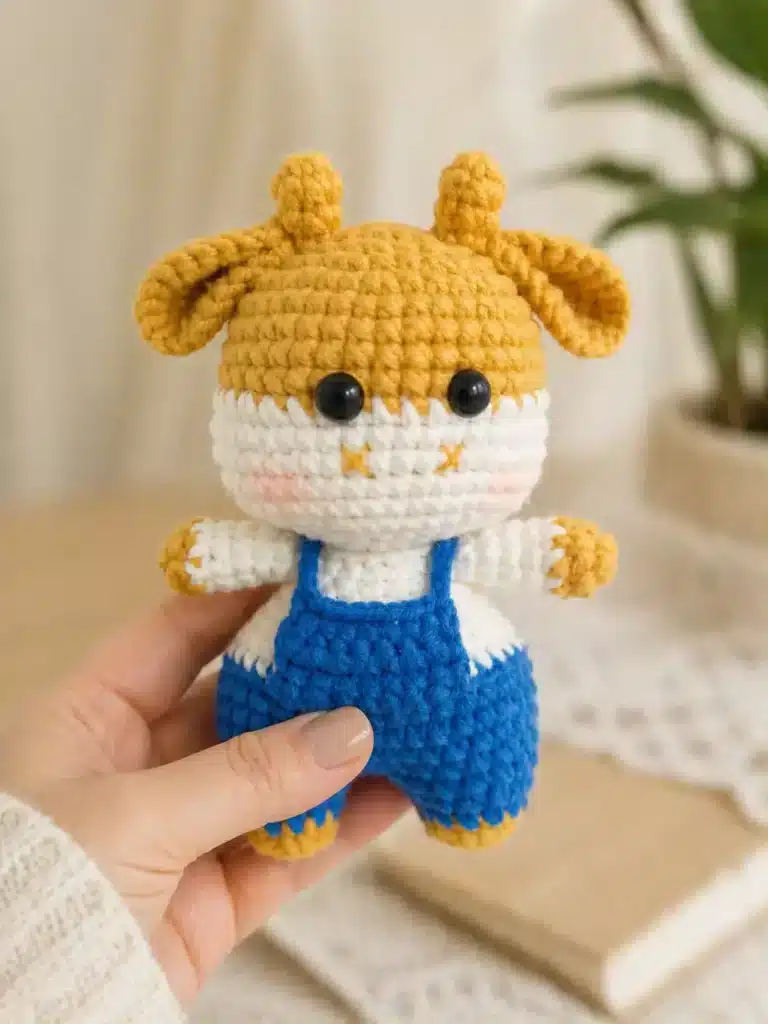 Mini Cow Amigurumi Pattern held in hand with mustard yellow head, white muzzle, blue overalls, tiny horns, and soft pink cheeks